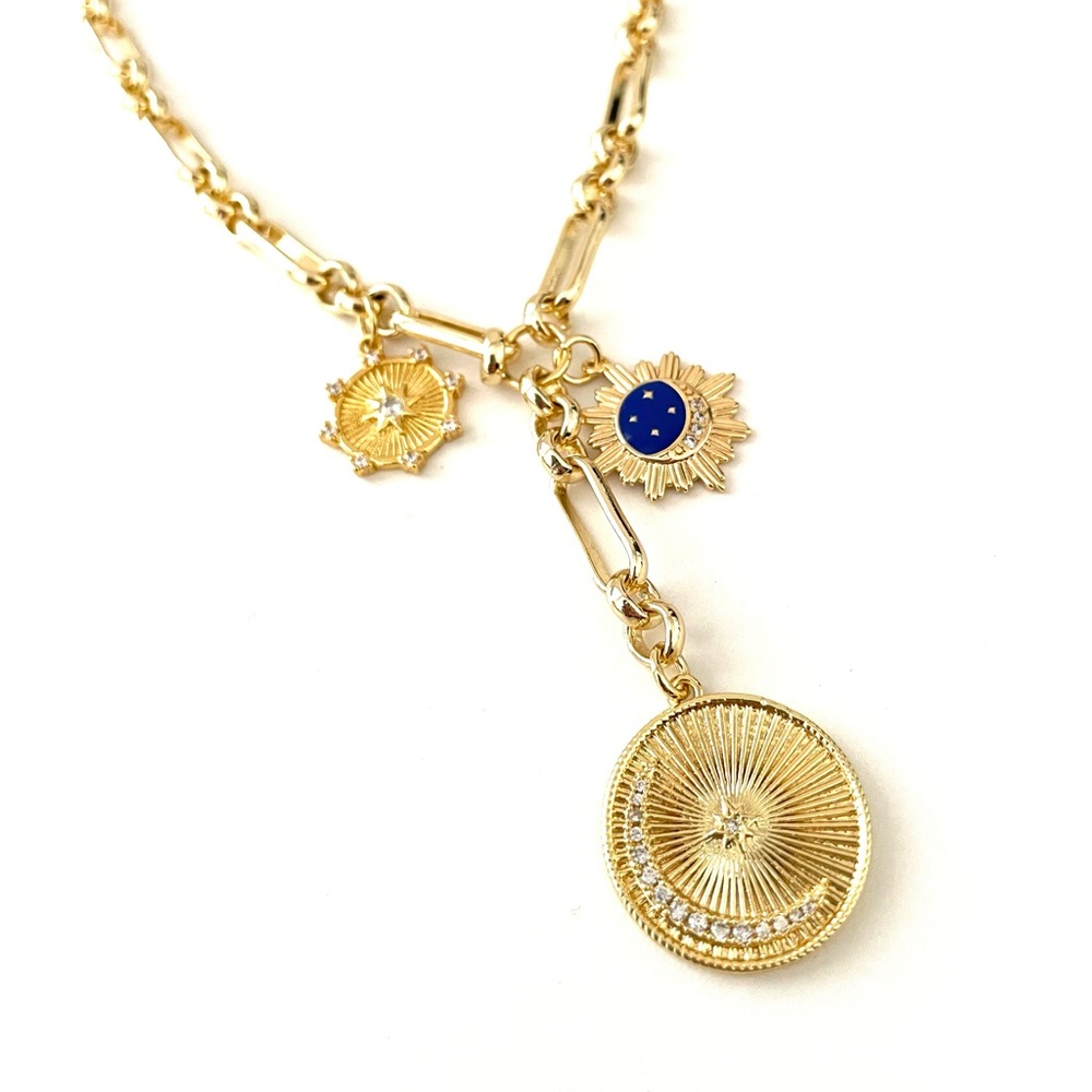 Multi Charm Paperclip Chain Necklace Karma Blue Enamel Moon North Star Medallion